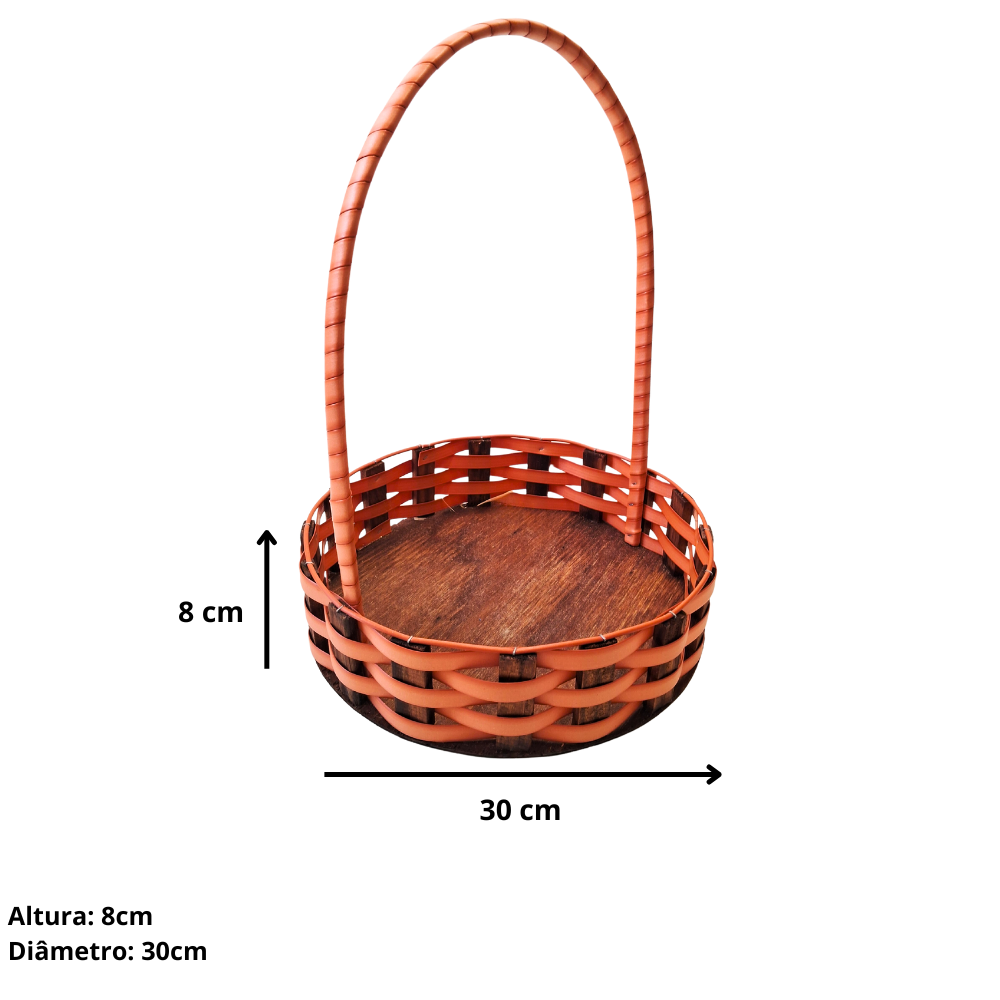 Cesta redonda de madeira de pinus e fibra sintética.